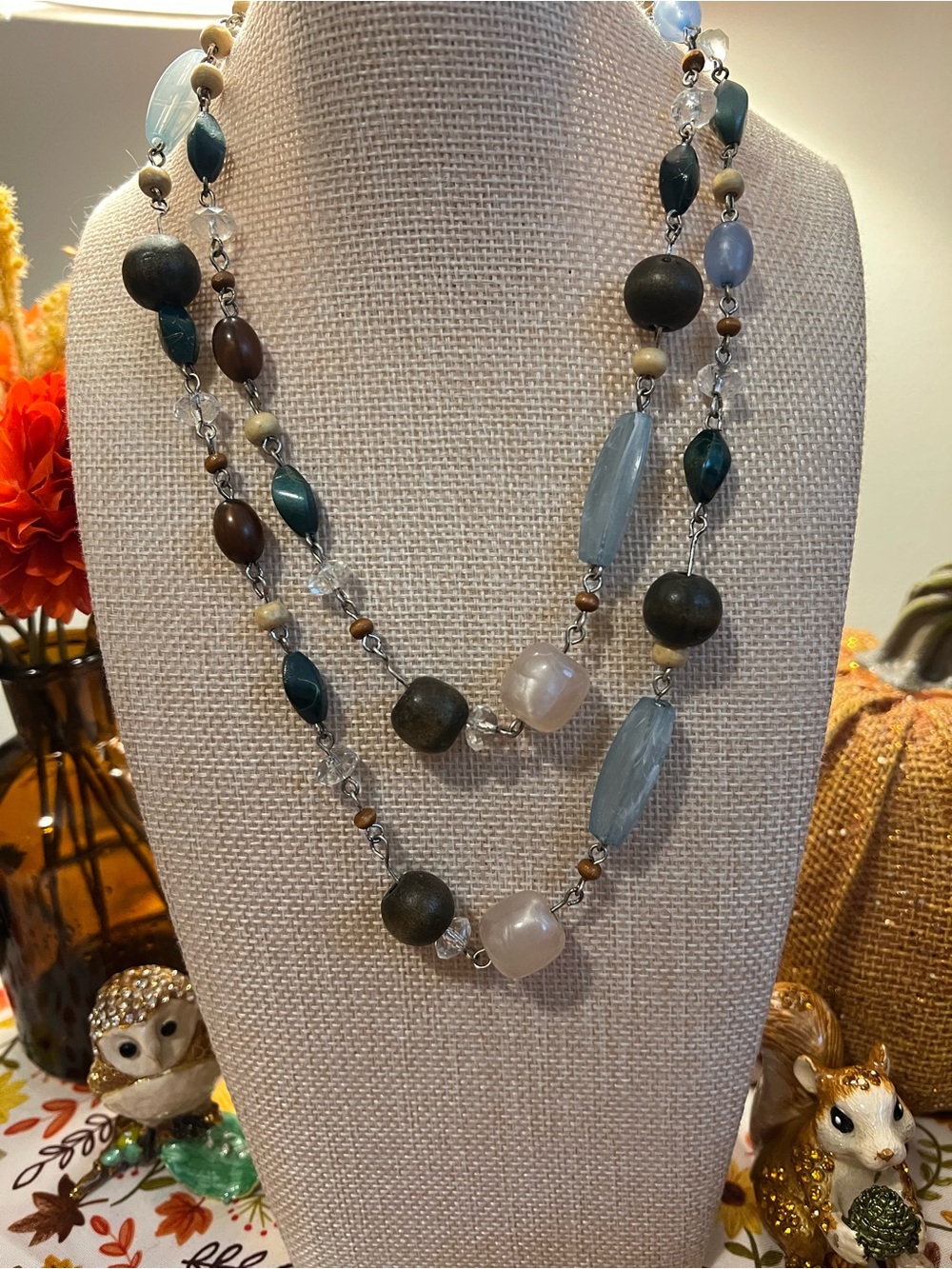 Lia Sophia Layered Beaded Necklace in Blue, Green, Brown & Cream